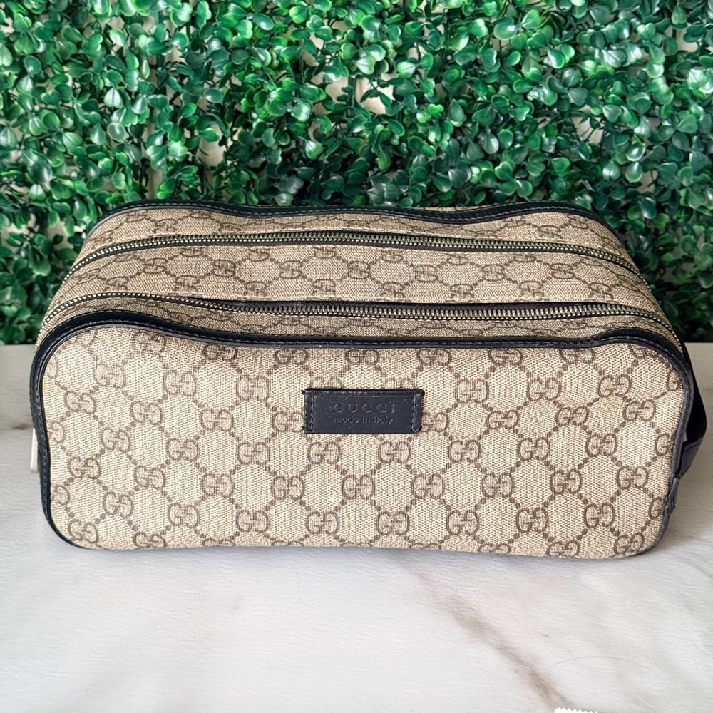 Gucci Beige GG Canvas Double Zip Toiletry Bag with COA
